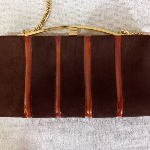 Women's evening shoulder bag used brown suede with stripes