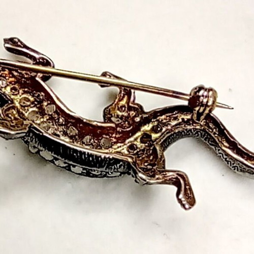 Vintage lizard brooch silver 925 and 14K gold with diamonds and rubies like new