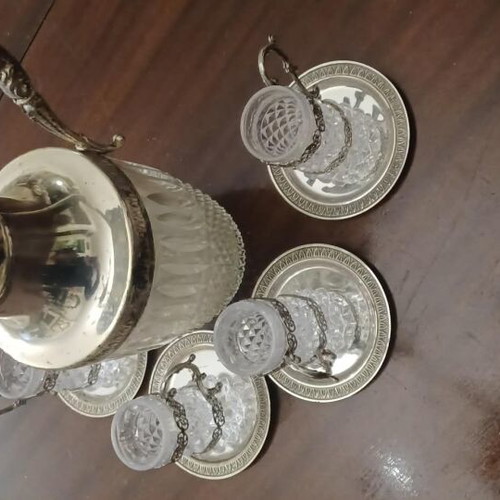 Pitcher and 5 crystal glasses silver-plated used