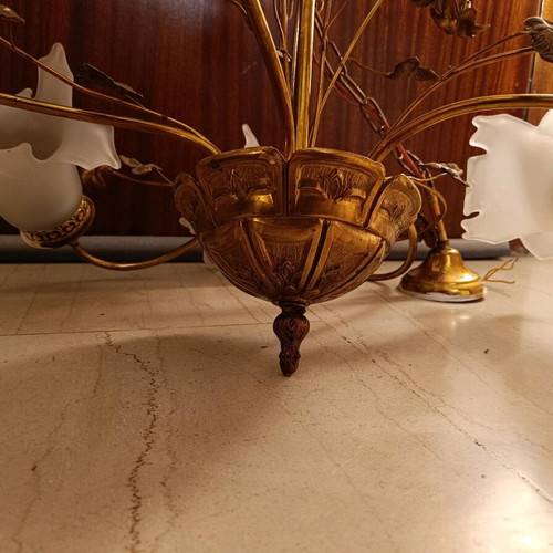 Antique ceiling light used, brass with floral decoration