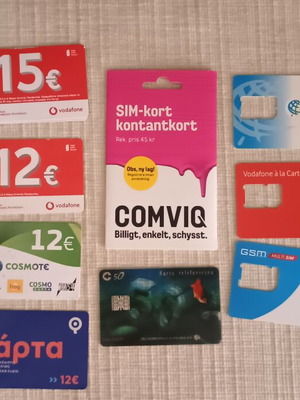 Collectible set of 17 phone cards and SIMs like new, not for use