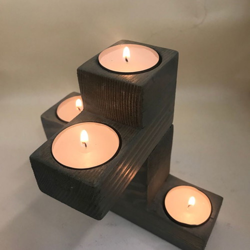 Wooden candle holder for 4 tealights in gray, new