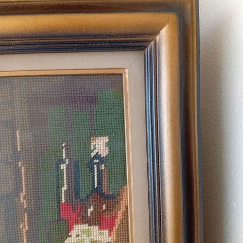 Handmade embroidery painting in solid wood frame with glass