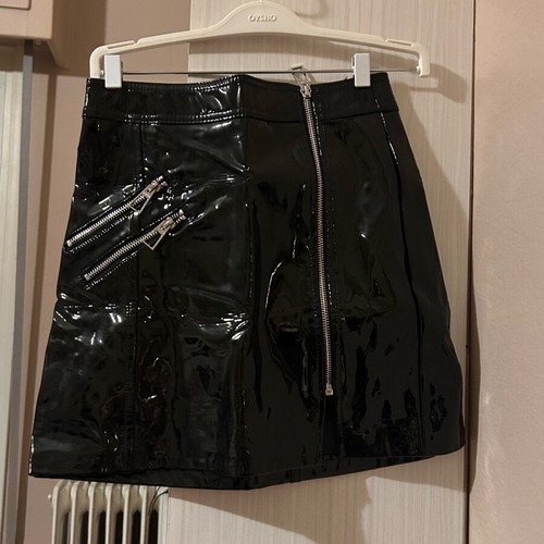 Bershka leather skirt with zipper refurbished, black, size XXS