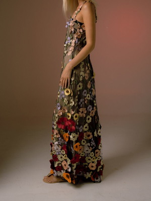 Maxi dress A-Style new, floral 3D lace appliqué, small size