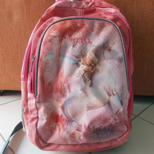 Polo backpack like new, pink multicolor with cushions and waist strap