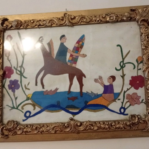 Embroidered painting O Frixos kai i Elli used, vintage, handmade