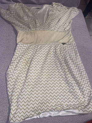 Makis Tselios Fashion λευκό και χρυσαφί φόρεμα με σχέδιο, μέγεθος M