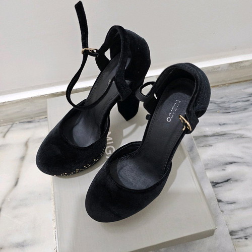 Migato closed black velvet pumps 12cm with ankle strap and studs