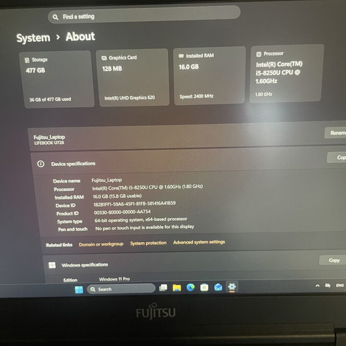 Fujitsu Lifebook U728 laptop used, 12.5" screen, Intel Core i5, 16GB RAM, 512GB SSD