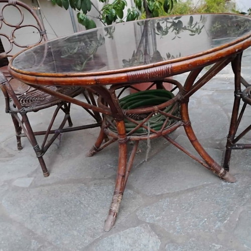 Bamboo furniture set with round and rectangular glass tables and 6 chairs