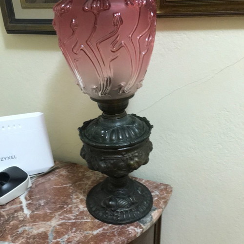 Antique lamp used with brass base and opaline shade