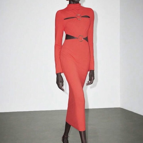 Red coral midi dress like new with cutouts and gold details