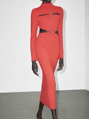 Red coral midi dress like new with cutouts and gold details