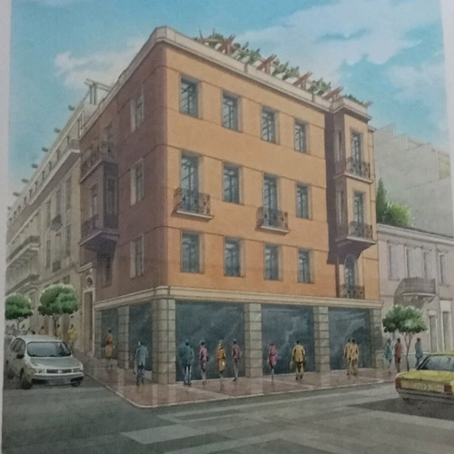 Watercolor architectural model used, Megaro Ira on Skoufa Street