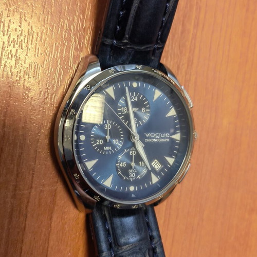 Vogue men's watch new, blue leather strap, 45mm dial, waterproof