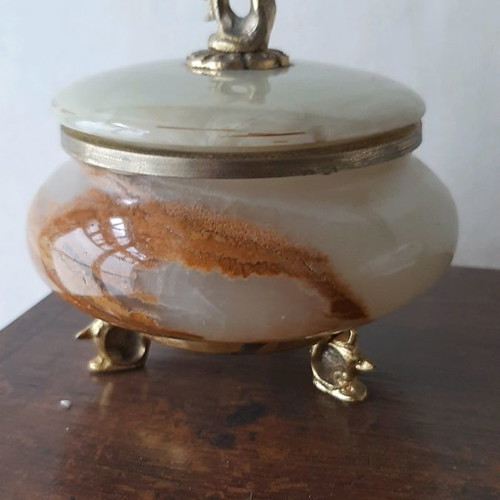 Decorative item used, green onyx with gold legs and handle