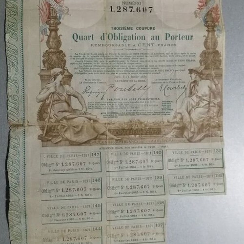 Ville de Paris municipal loan 1871 used, quarterly bond