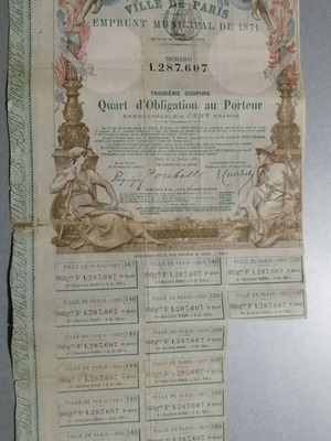 Ville de Paris municipal loan 1871 used, quarterly bond