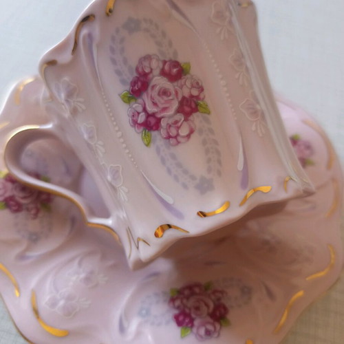 Pink vintage porcelain 4 pcs hand-painted gilded new