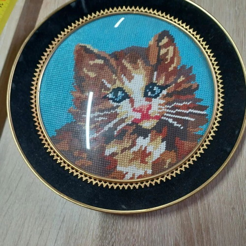 Vintage embroidery in frame used, diameter 23 cm