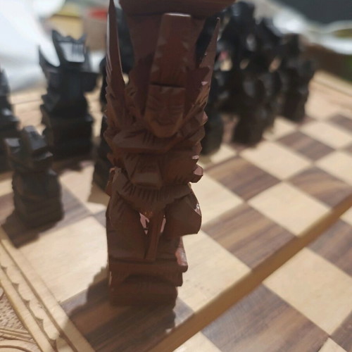 Carved backgammon/chess used with wooden Aztec-style pieces