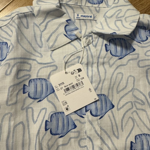 Mayoral children's short-sleeve shirt, 128 cm, white and blue
