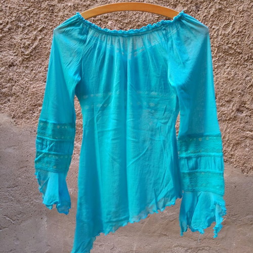 Asymmetric Sheer Blouse Turquoise new, size Small