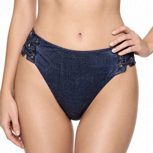 Med high waist bottom printed dark blue denim swimwear new