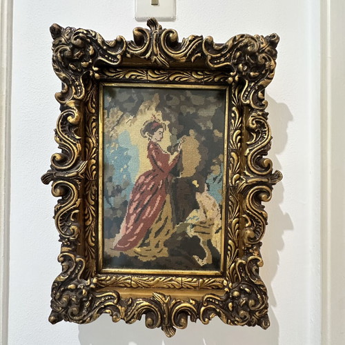 Vintage gobelin textile painting "The Souvenir" with baroque carved frame