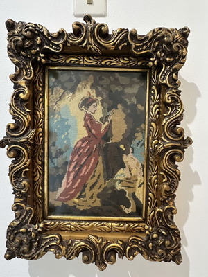 Vintage gobelin textile painting "The Souvenir" with baroque carved frame