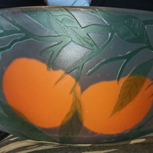 Vintage Cameo Glass Fruit Bowl used with embossed leaves and oranges
