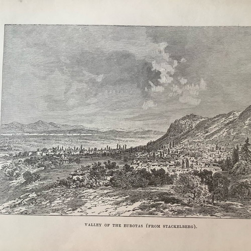 Woodcut 1880 Sparta Valley of Eurotas used
