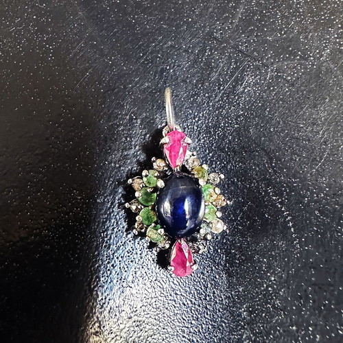 Vintage 925 Silver Pendant with Multicolored Stones and 9K Gold
