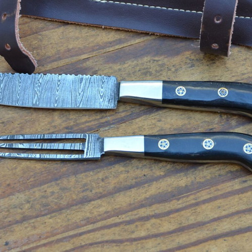 Damascus Hand Forged Knife and Fork BBQ Hunting Set from The Eagle Collection 5772