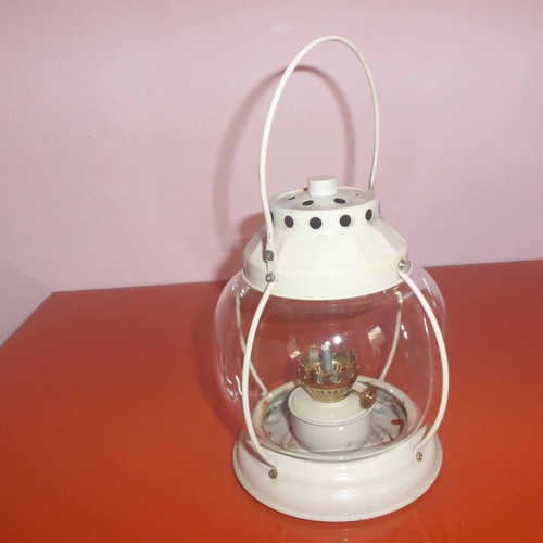 Metal lantern with round glass and wick like new, 13x24 cm