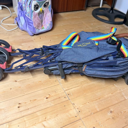 Mothercare Little Bird stroller used, denim fabric, rainbow straps
