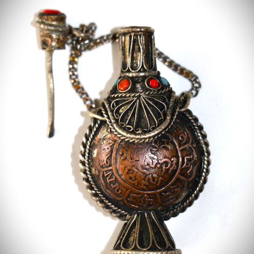 Tibetan Flask new copper with semi-precious stones