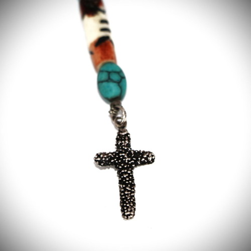Rosary necklace new with carved bones, semi-precious stones and 925 silver cross