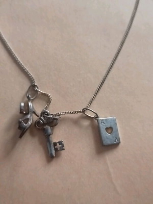 Ασημένιο κολιέ με charms καινούργιο, γοβάκι, τραπουλόχαρτο, κλειδί