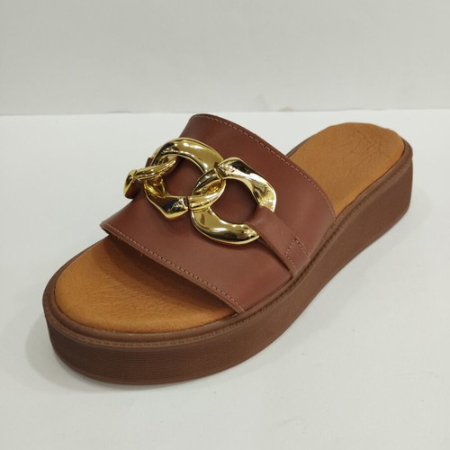 Leather sandals new, beige and brown, size 39, gold decoration