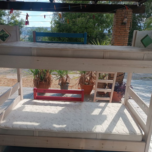 Triple bunk bed for children and teens, pine wood, white and neutral colors