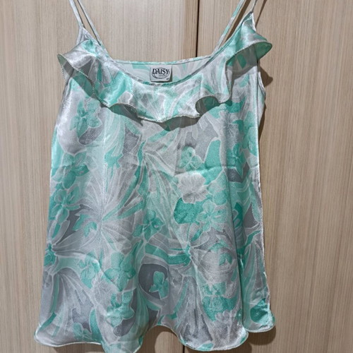 Daisy satin pajamas like new, gray turquoise with ruffles