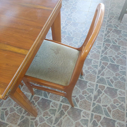 Wooden kitchen dining set used, folding table 1.20m with extension and 4 fabric chairs