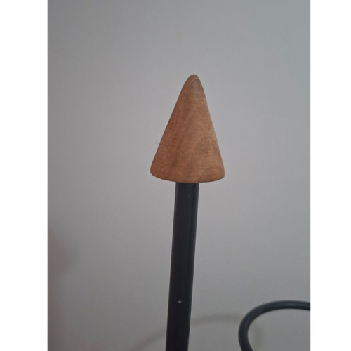 Black wrought iron metal decor stand with wooden detail, very good condition
