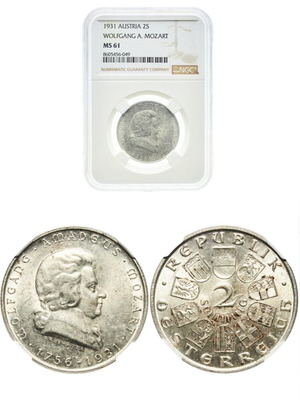 1931 Austria 2 Schilling Mozart silver coin MS61 NGC