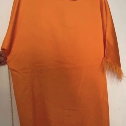 Orange satin short dress new with feathers and chain belt