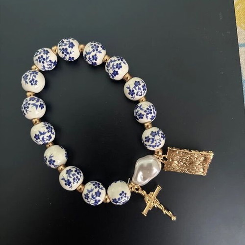 Blue Floral Cross Bracelet new