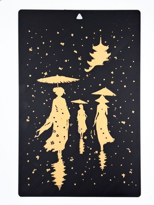 3D Printed Relief Art Panel with Silhouettes and Cherry Blossoms