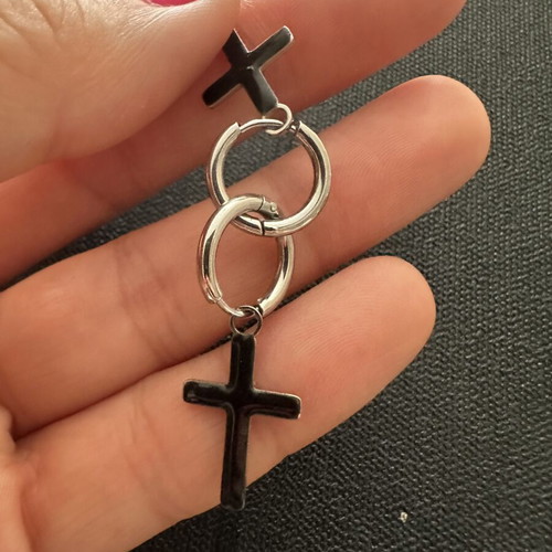 Silver steel huggie earrings with black cross